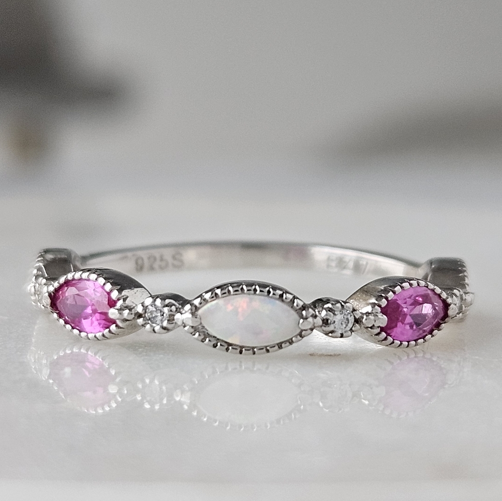 Opal and Pink Swarovski crystal ring, 925 Sterling Silver Charmed Aroma